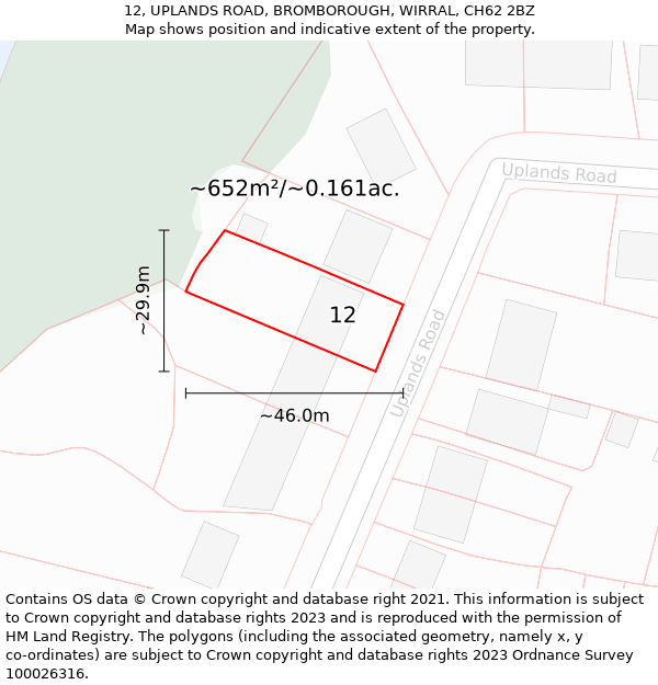 12, UPLANDS ROAD, BROMBOROUGH, WIRRAL, CH62 2BZ: Plot and title map