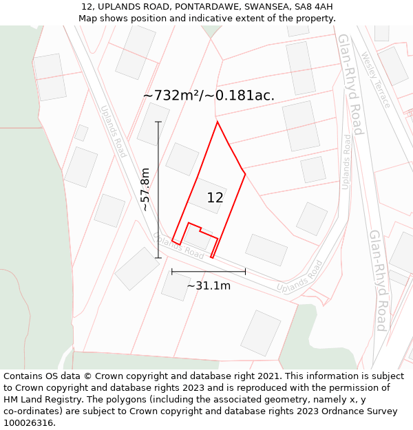 12, UPLANDS ROAD, PONTARDAWE, SWANSEA, SA8 4AH: Plot and title map