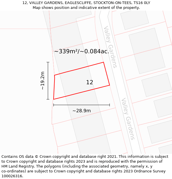 12, VALLEY GARDENS, EAGLESCLIFFE, STOCKTON-ON-TEES, TS16 0LY: Plot and title map