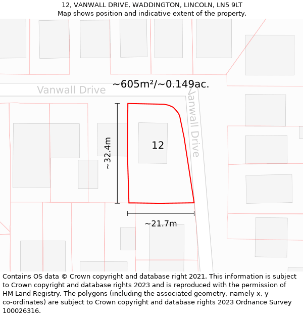 12, VANWALL DRIVE, WADDINGTON, LINCOLN, LN5 9LT: Plot and title map