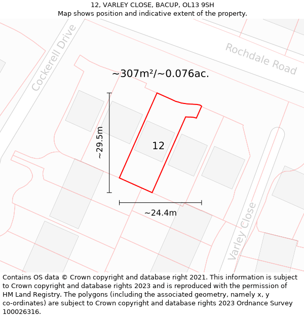 12, VARLEY CLOSE, BACUP, OL13 9SH: Plot and title map