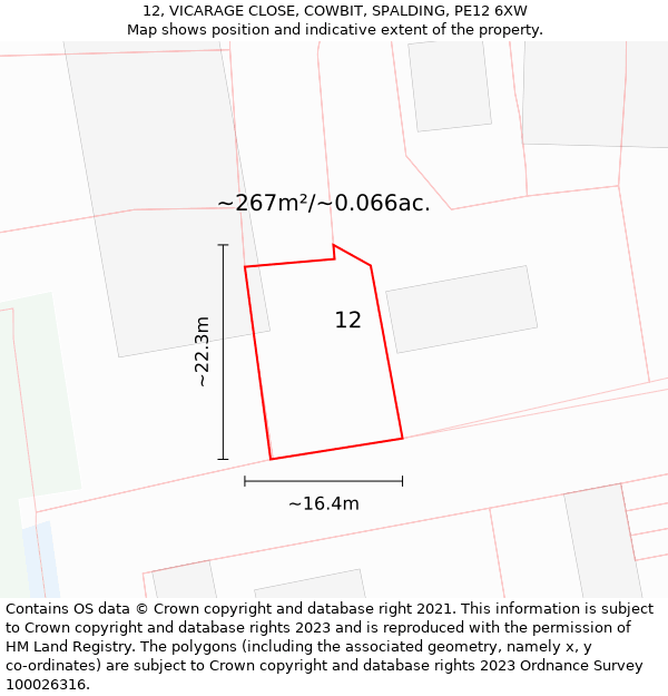 12, VICARAGE CLOSE, COWBIT, SPALDING, PE12 6XW: Plot and title map