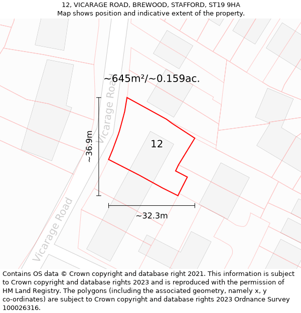 12, VICARAGE ROAD, BREWOOD, STAFFORD, ST19 9HA: Plot and title map