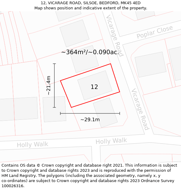 12, VICARAGE ROAD, SILSOE, BEDFORD, MK45 4ED: Plot and title map