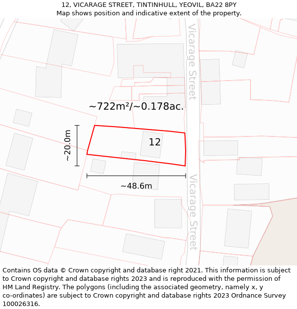 12, VICARAGE STREET, TINTINHULL, YEOVIL, BA22 8PY: Plot and title map