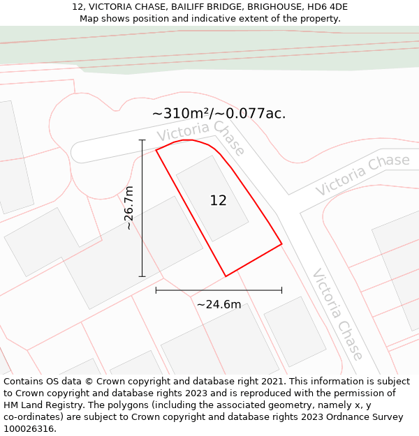 12, VICTORIA CHASE, BAILIFF BRIDGE, BRIGHOUSE, HD6 4DE: Plot and title map