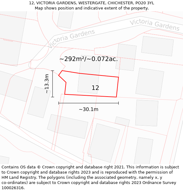 12, VICTORIA GARDENS, WESTERGATE, CHICHESTER, PO20 3YL: Plot and title map