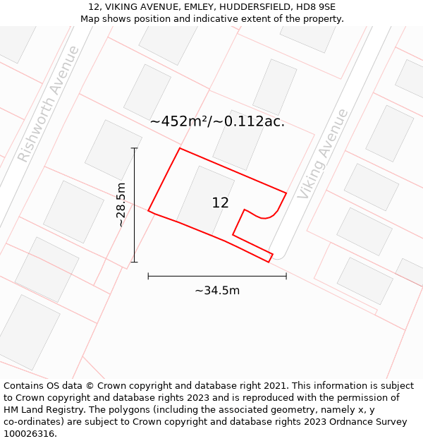 12, VIKING AVENUE, EMLEY, HUDDERSFIELD, HD8 9SE: Plot and title map