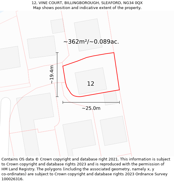 12, VINE COURT, BILLINGBOROUGH, SLEAFORD, NG34 0QX: Plot and title map