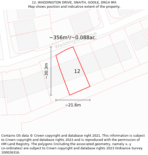 12, WADDINGTON DRIVE, SNAITH, GOOLE, DN14 9FA: Plot and title map