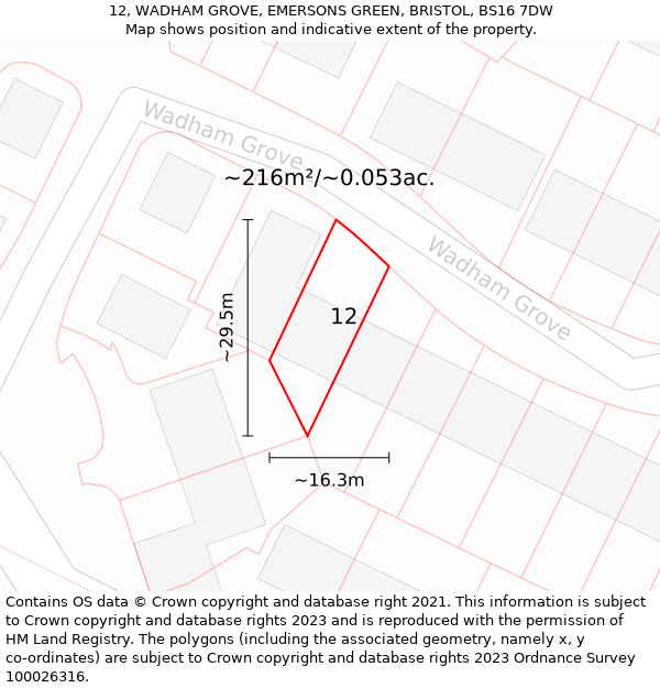 12, WADHAM GROVE, EMERSONS GREEN, BRISTOL, BS16 7DW: Plot and title map