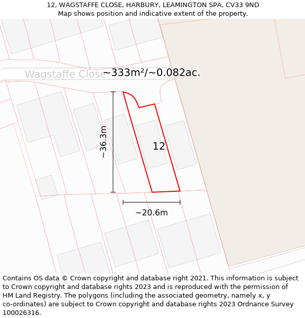12, WAGSTAFFE CLOSE, HARBURY, LEAMINGTON SPA, CV33 9ND: Plot and title map