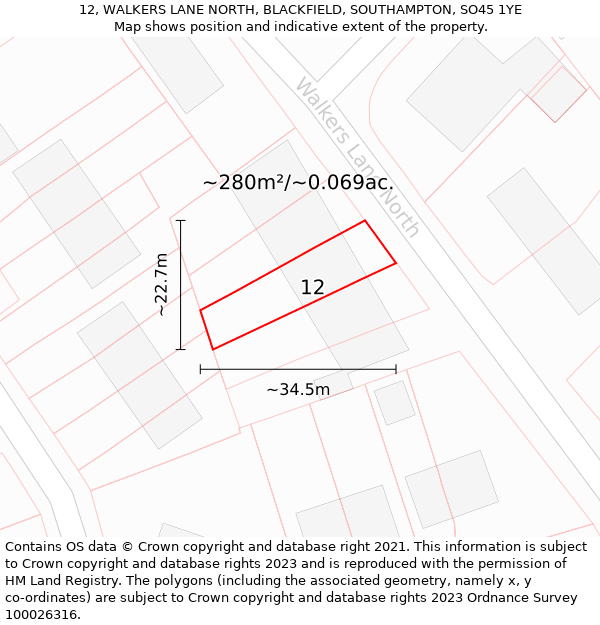 12, WALKERS LANE NORTH, BLACKFIELD, SOUTHAMPTON, SO45 1YE: Plot and title map