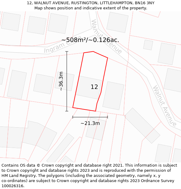 12, WALNUT AVENUE, RUSTINGTON, LITTLEHAMPTON, BN16 3NY: Plot and title map