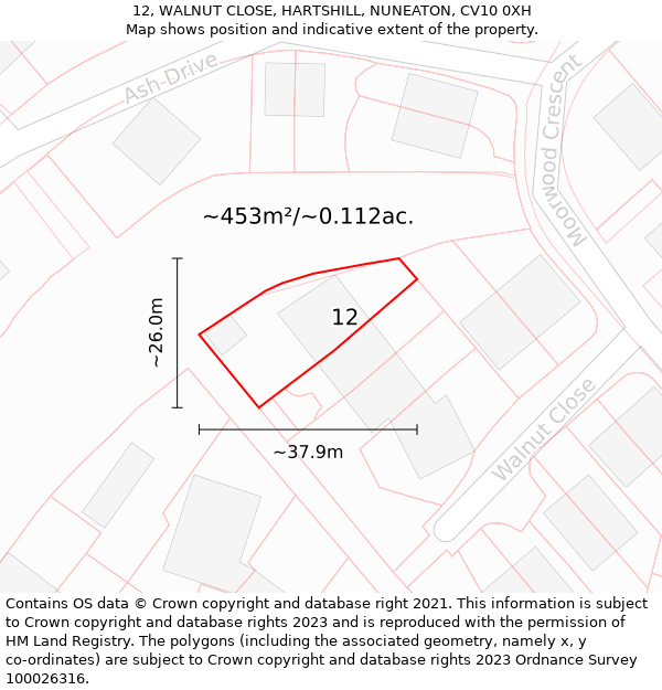 12, WALNUT CLOSE, HARTSHILL, NUNEATON, CV10 0XH: Plot and title map