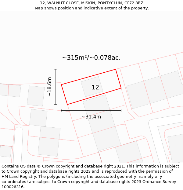 12, WALNUT CLOSE, MISKIN, PONTYCLUN, CF72 8RZ: Plot and title map