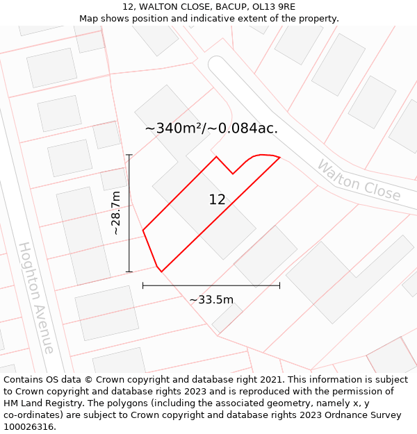 12, WALTON CLOSE, BACUP, OL13 9RE: Plot and title map