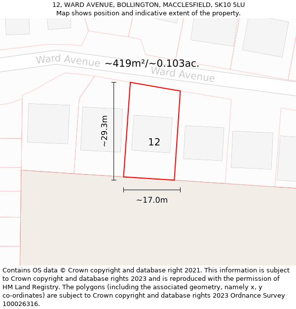 12, WARD AVENUE, BOLLINGTON, MACCLESFIELD, SK10 5LU: Plot and title map