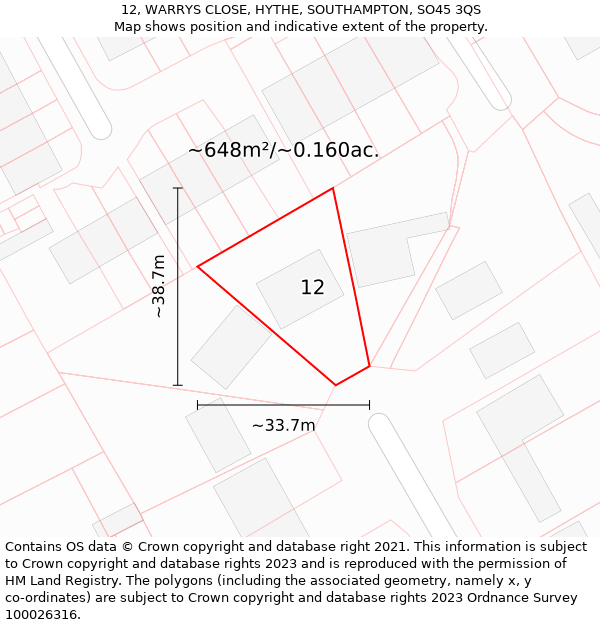 12, WARRYS CLOSE, HYTHE, SOUTHAMPTON, SO45 3QS: Plot and title map