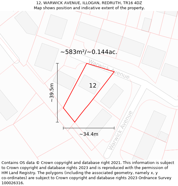 12, WARWICK AVENUE, ILLOGAN, REDRUTH, TR16 4DZ: Plot and title map