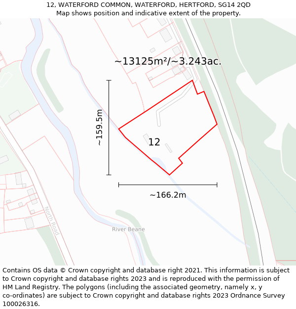 12, WATERFORD COMMON, WATERFORD, HERTFORD, SG14 2QD: Plot and title map