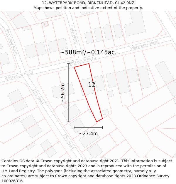 12, WATERPARK ROAD, BIRKENHEAD, CH42 9NZ: Plot and title map