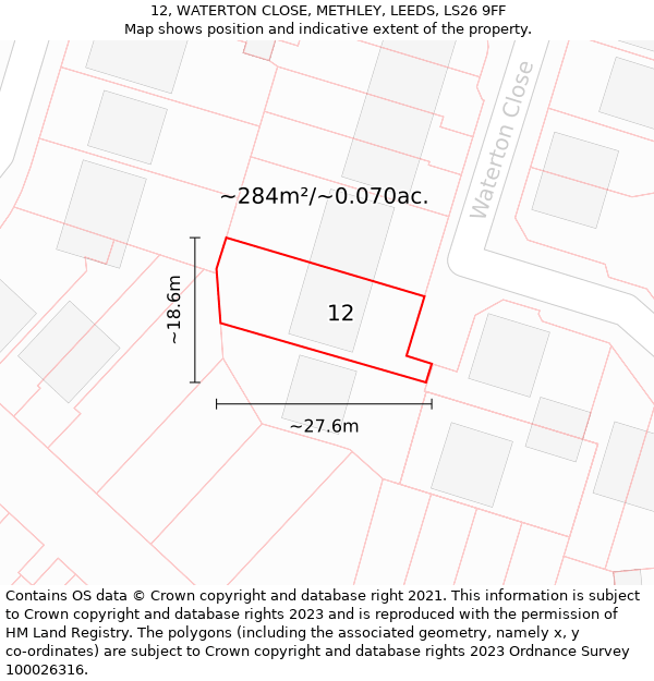 12, WATERTON CLOSE, METHLEY, LEEDS, LS26 9FF: Plot and title map