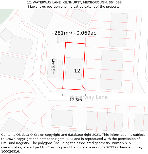 12, WATERWAY LANE, KILNHURST, MEXBOROUGH, S64 5SS: Plot and title map