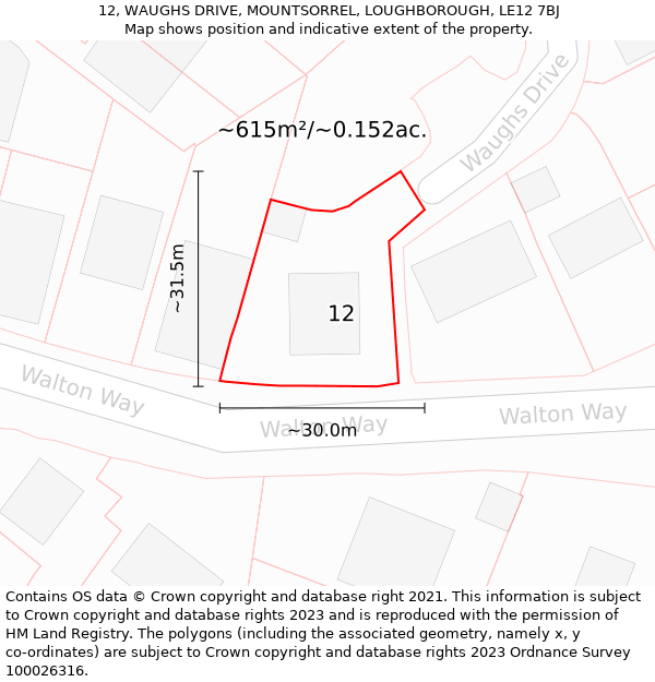 12, WAUGHS DRIVE, MOUNTSORREL, LOUGHBOROUGH, LE12 7BJ: Plot and title map