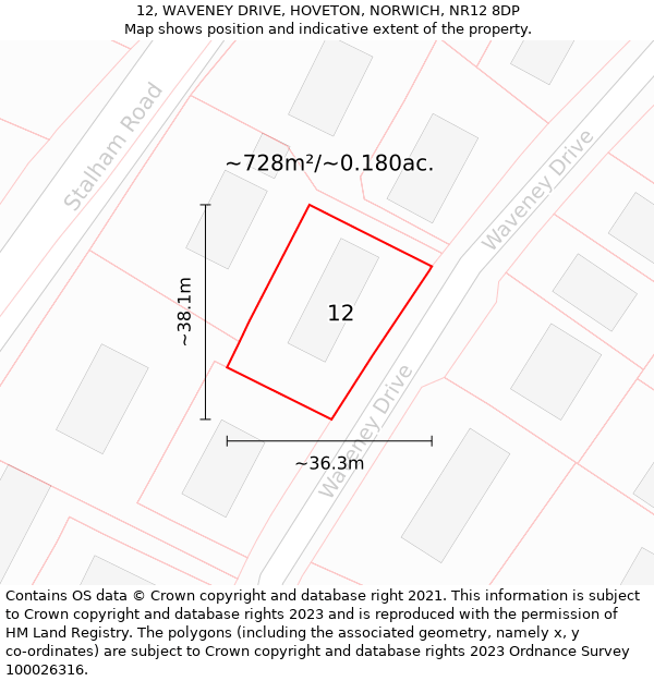 12, WAVENEY DRIVE, HOVETON, NORWICH, NR12 8DP: Plot and title map