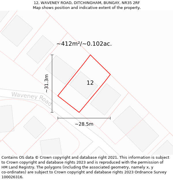 12, WAVENEY ROAD, DITCHINGHAM, BUNGAY, NR35 2RF: Plot and title map