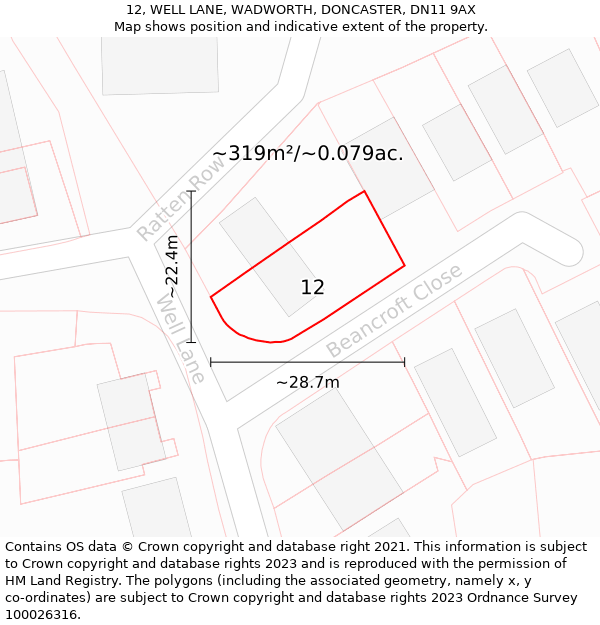 12, WELL LANE, WADWORTH, DONCASTER, DN11 9AX: Plot and title map