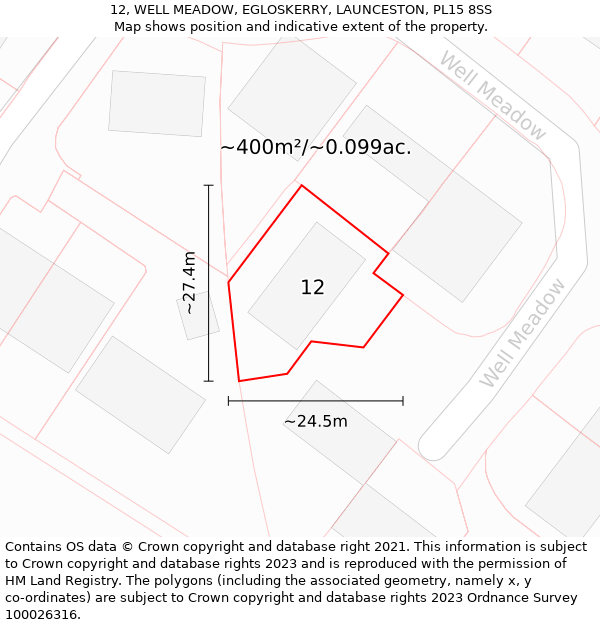 12, WELL MEADOW, EGLOSKERRY, LAUNCESTON, PL15 8SS: Plot and title map