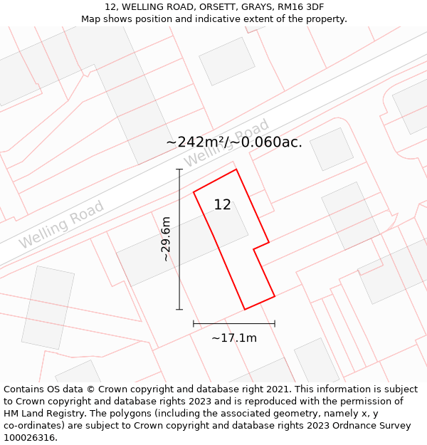 12, WELLING ROAD, ORSETT, GRAYS, RM16 3DF: Plot and title map