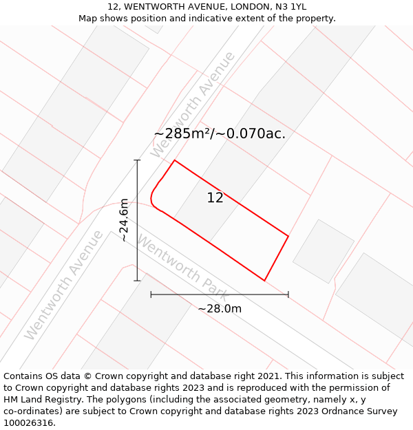 12, WENTWORTH AVENUE, LONDON, N3 1YL: Plot and title map