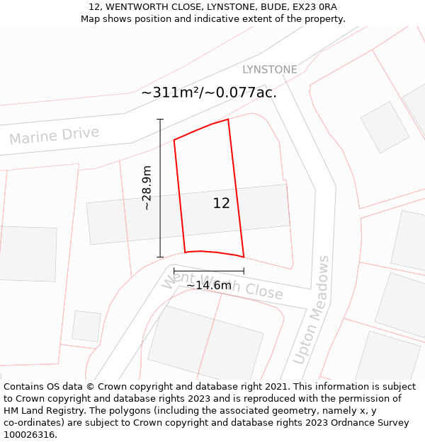 12, WENTWORTH CLOSE, LYNSTONE, BUDE, EX23 0RA: Plot and title map