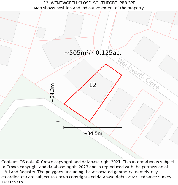 12, WENTWORTH CLOSE, SOUTHPORT, PR8 3PF: Plot and title map