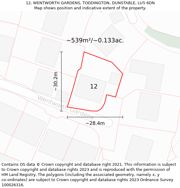 12, WENTWORTH GARDENS, TODDINGTON, DUNSTABLE, LU5 6DN: Plot and title map