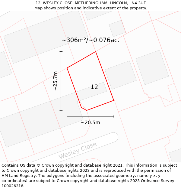 12, WESLEY CLOSE, METHERINGHAM, LINCOLN, LN4 3UF: Plot and title map