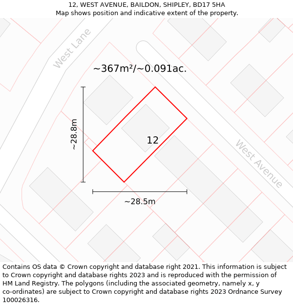 12, WEST AVENUE, BAILDON, SHIPLEY, BD17 5HA: Plot and title map