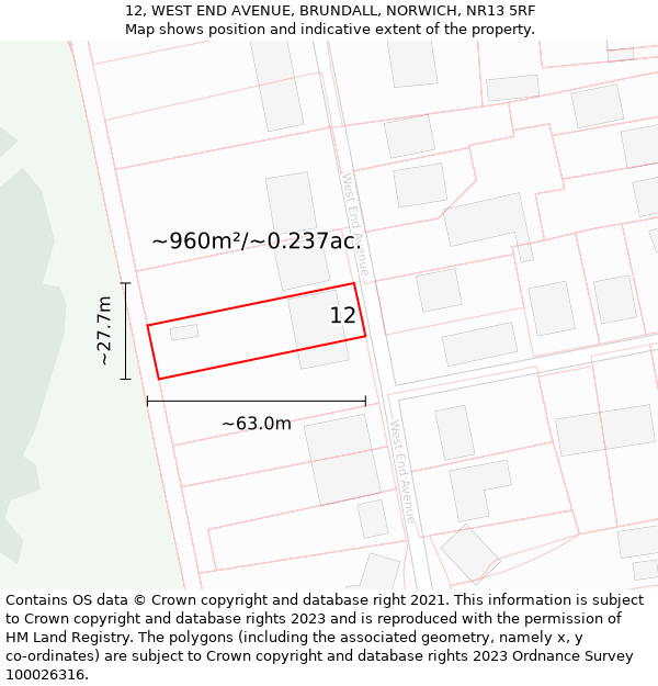12, WEST END AVENUE, BRUNDALL, NORWICH, NR13 5RF: Plot and title map