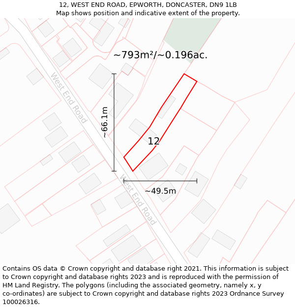 12, WEST END ROAD, EPWORTH, DONCASTER, DN9 1LB: Plot and title map