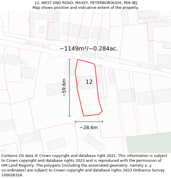 12, WEST END ROAD, MAXEY, PETERBOROUGH, PE6 9EJ: Plot and title map