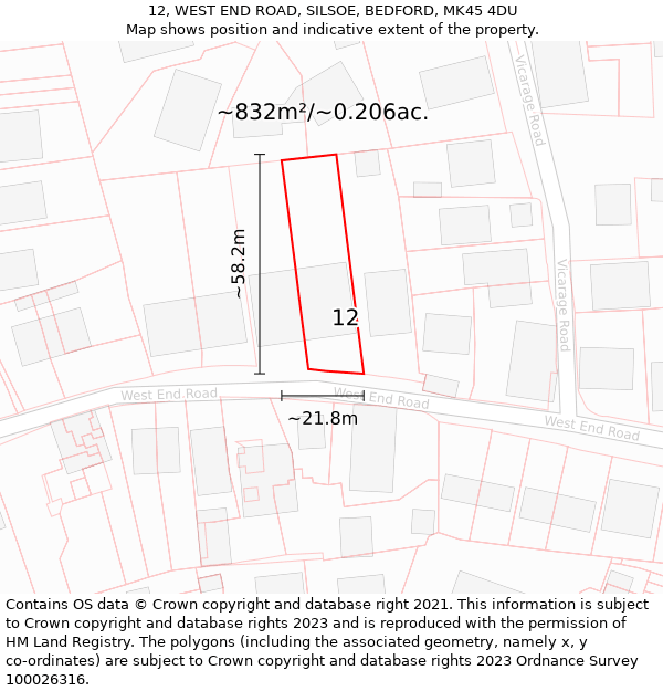 12, WEST END ROAD, SILSOE, BEDFORD, MK45 4DU: Plot and title map