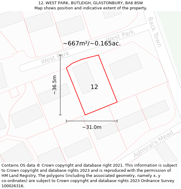 12, WEST PARK, BUTLEIGH, GLASTONBURY, BA6 8SW: Plot and title map