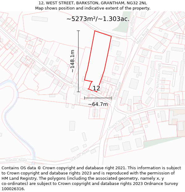 12, WEST STREET, BARKSTON, GRANTHAM, NG32 2NL: Plot and title map