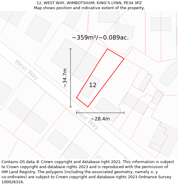 12, WEST WAY, WIMBOTSHAM, KING'S LYNN, PE34 3PZ: Plot and title map