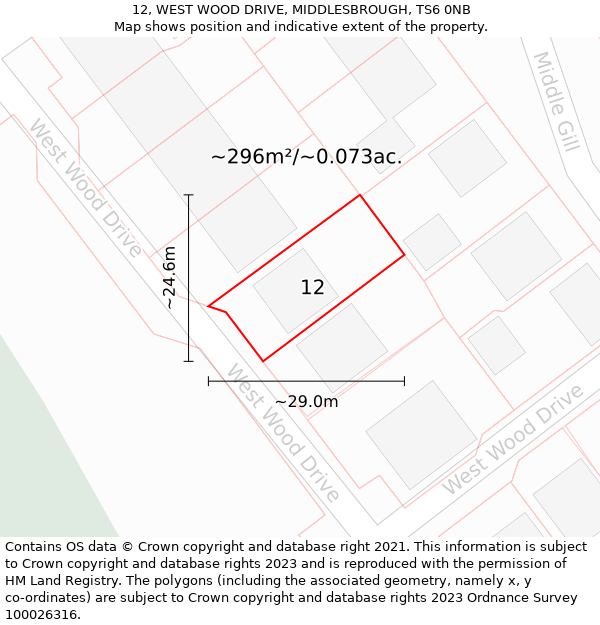 12, WEST WOOD DRIVE, MIDDLESBROUGH, TS6 0NB: Plot and title map