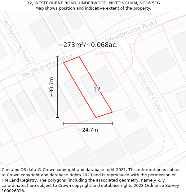 12, WESTBOURNE ROAD, UNDERWOOD, NOTTINGHAM, NG16 5EG: Plot and title map