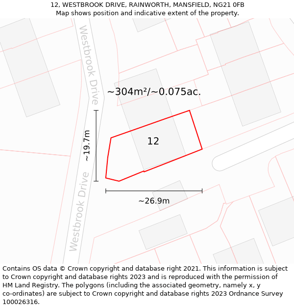 12, WESTBROOK DRIVE, RAINWORTH, MANSFIELD, NG21 0FB: Plot and title map